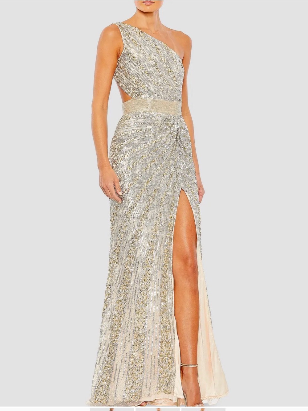Mac Duggal One-Shoulder Gold Sequin Gown with High Slit (shortened to petite)